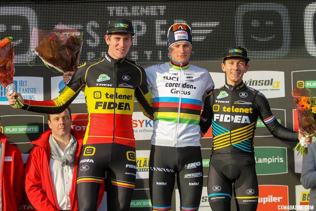 Overall title podium: Aerts, Van der Poel and Van der Haar. 2019 Telenet Superprestige Noordzeecross Middelkerke. Elite Men. © B. Hazen / Cyclocross Magazine