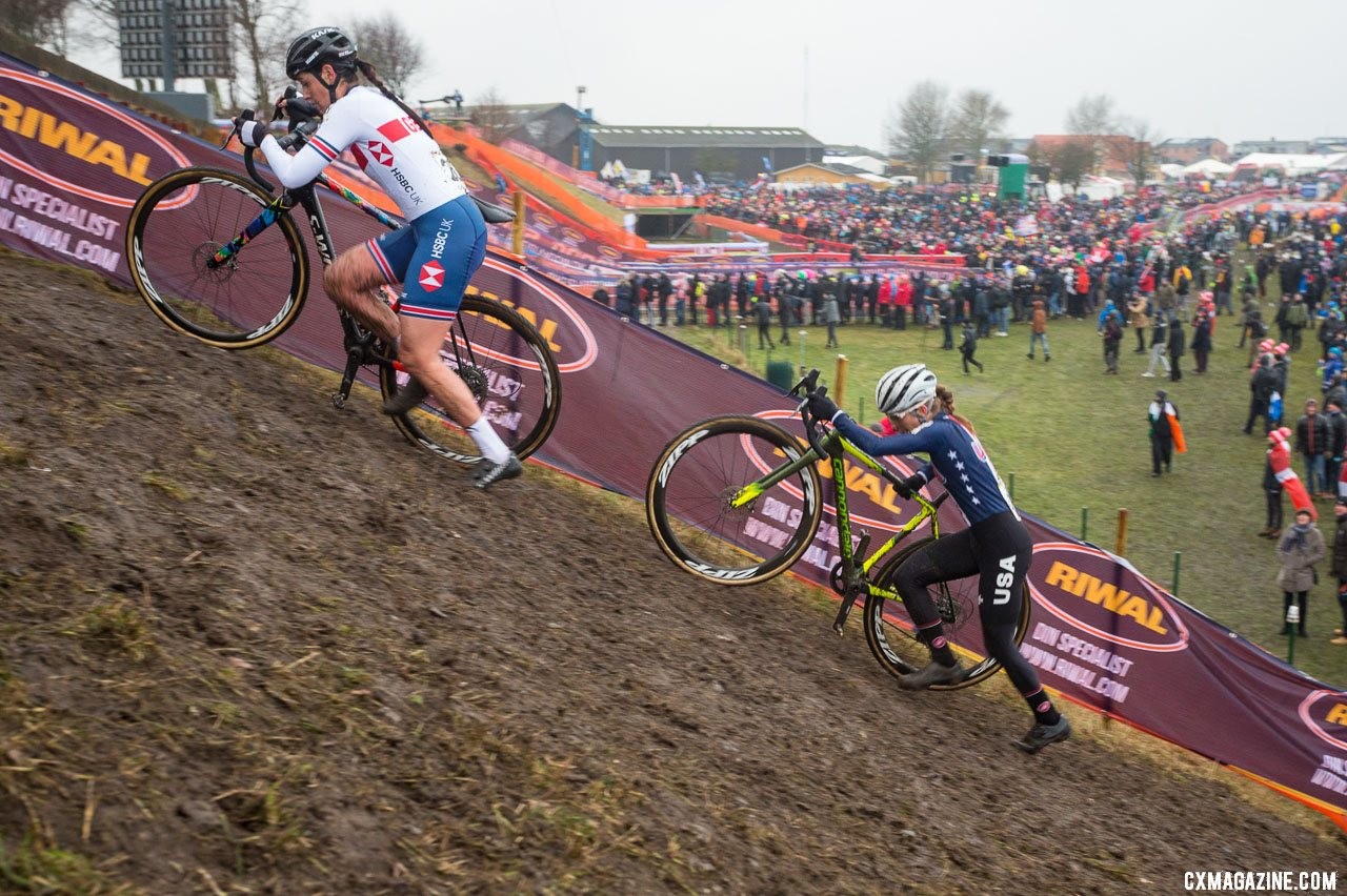 Nikki Brammeirer was just off the lead group before she suffered a heart-breaking mechanical on the start/finish stretch. She would finish eighth, while Keough finished seventh. Elite Women, 2019 Cyclocross World Championships, Bogense, Denmark. © K. Keeler / Cyclocross Magazine