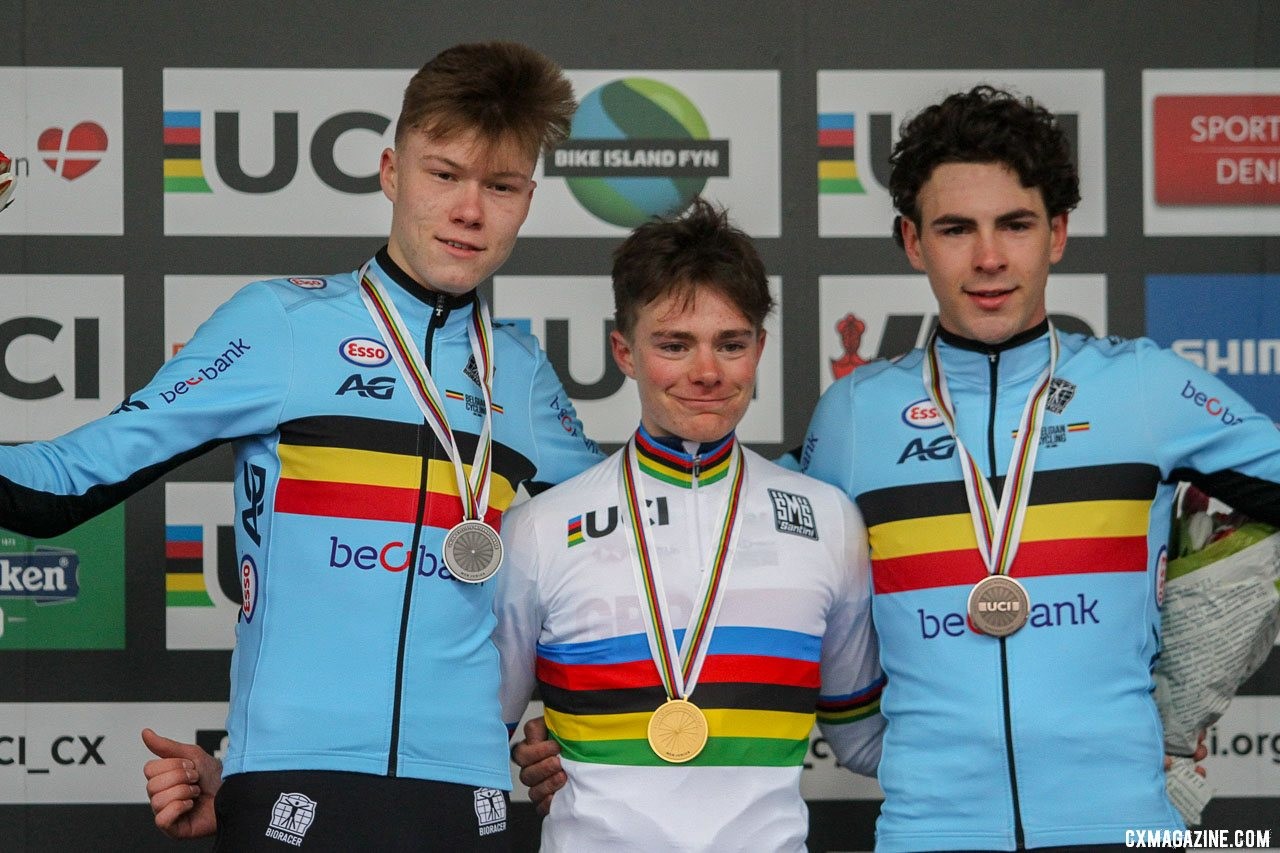 L to R: Meeussen, Tulett and Cortjens. 2019 Cyclocross World Championships, Bogense, Denmark. © Cyclocross Magazine