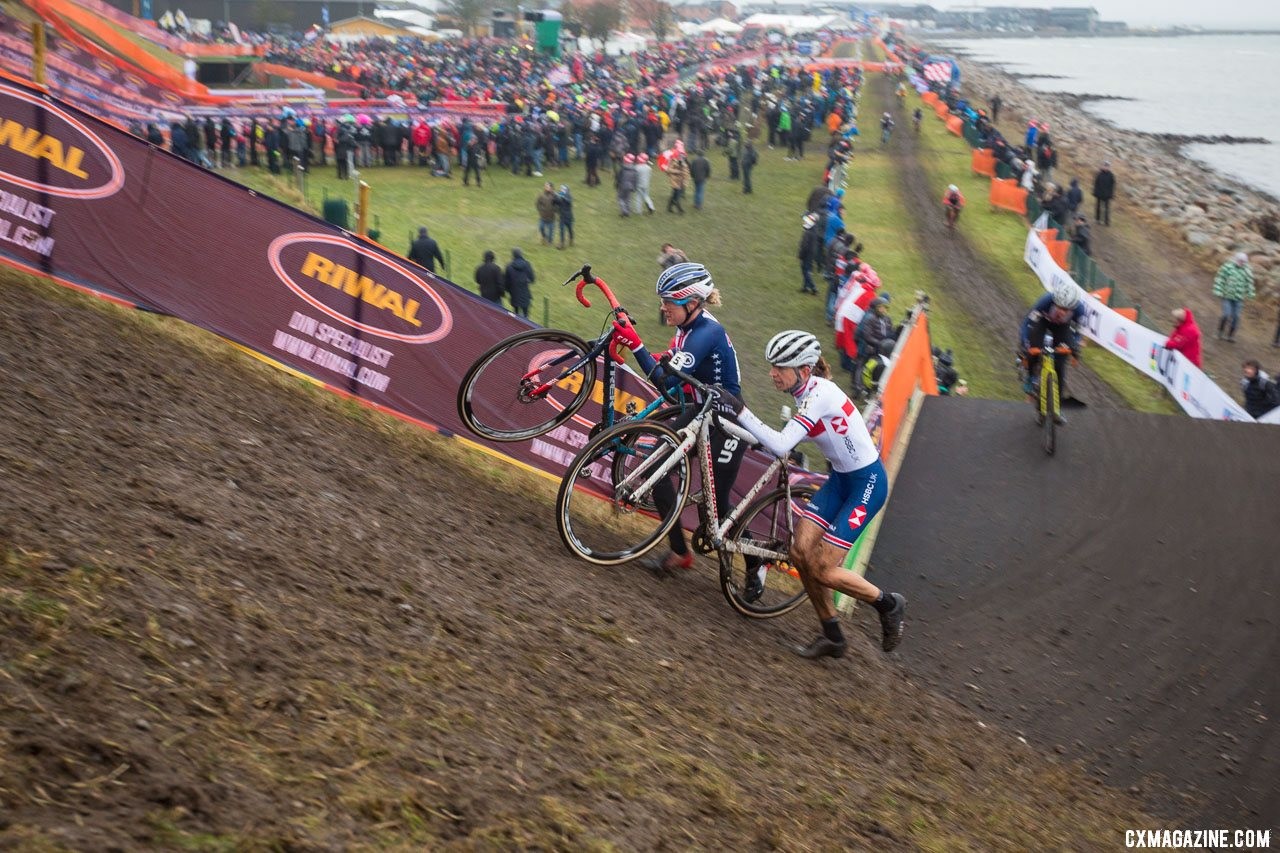 Wyman and Noble make their way up one of the many steep embankments. Elite Women, 2019 Cyclocross World Championships, Bogense, Denmark. © K. Keeler / Cyclocross Magazine