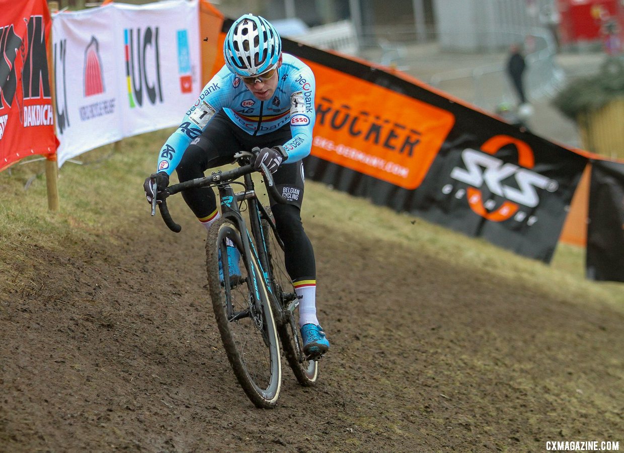 Defending champ Eli Iserbyt was aggressvve early, but had to settle for second. U23 Men, 2019 Cyclocross World Championships, Bogense, Denmark. © Cyclocross Magazine