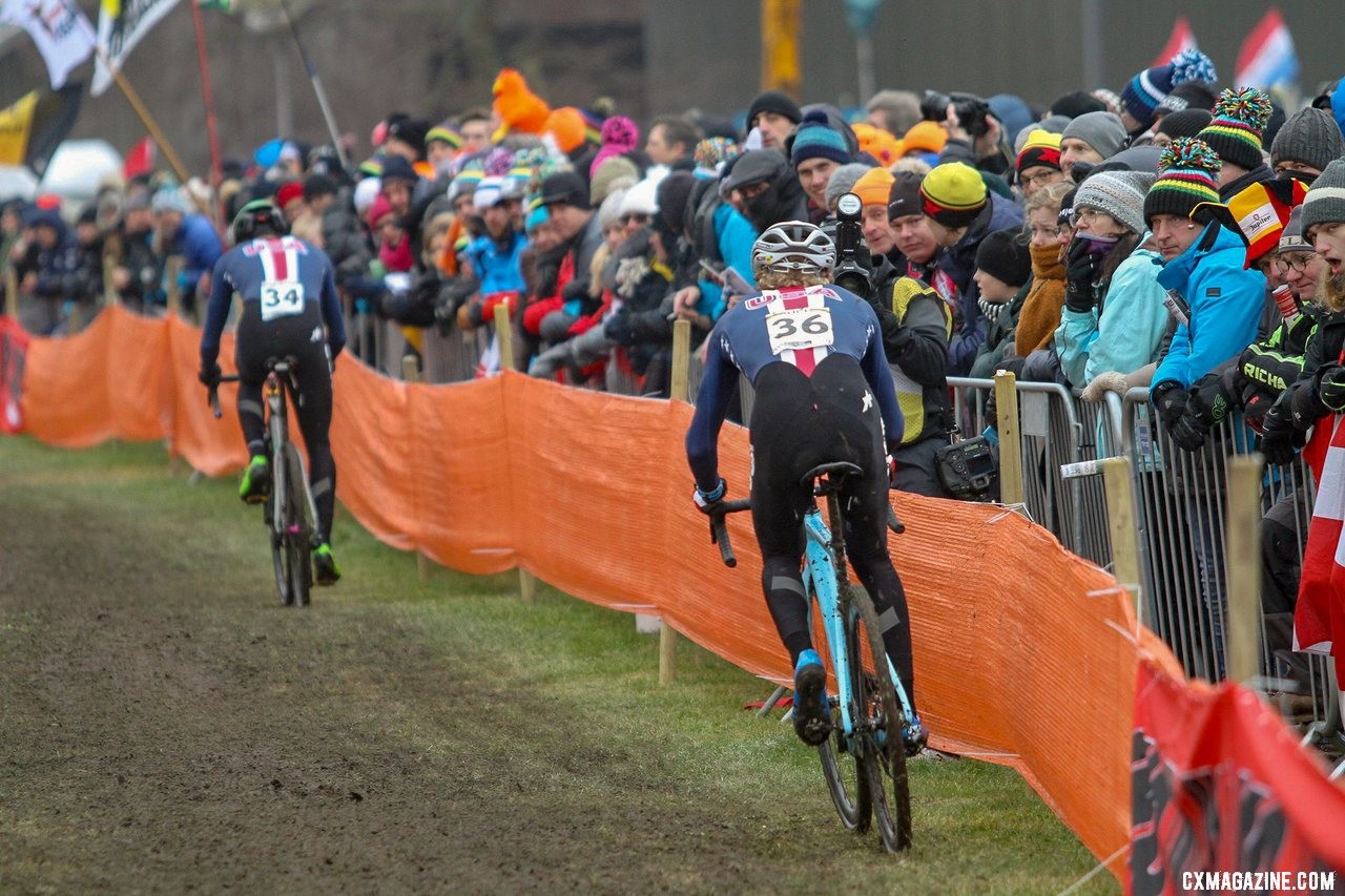 In the early laps, Lance Haidet rode with Gage Hecht near the front of the race. U23 Men, 2019 Cyclocross World Championships, Bogense, Denmark. © B. Hazen / Cyclocross Magazine