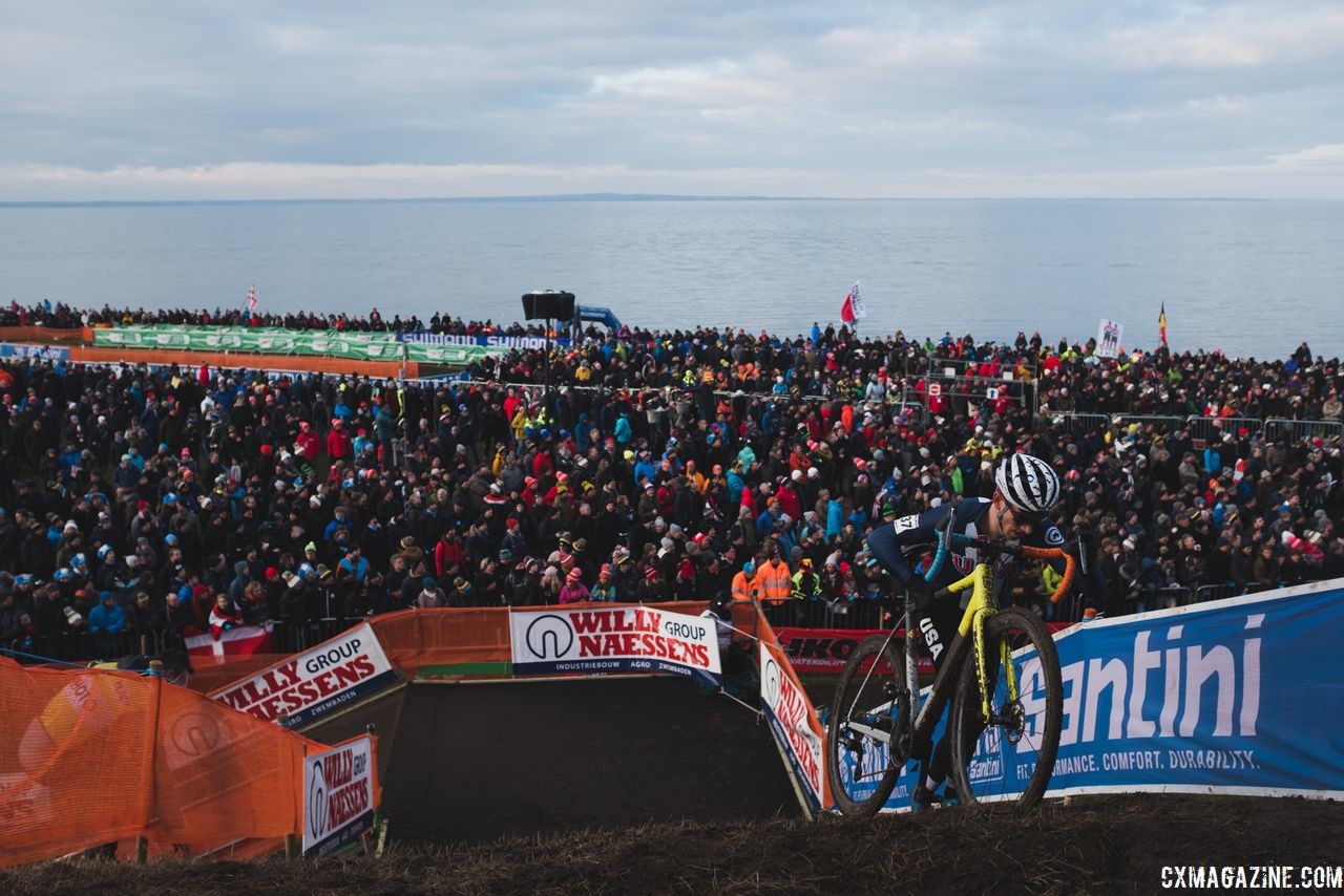 Kerry Werner pushes his bike up a run-up. 2019 Bogense Cyclocross World Championships, Denmark. © Patrick Means / Cyclocross Magazine