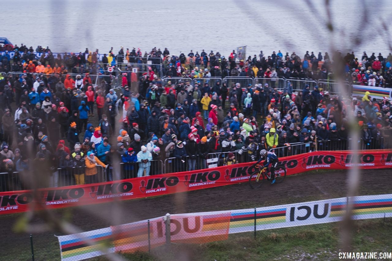 Rebecca Fahringer makes her way past a large group of fans. 2019 Bogense Cyclocross World Championships, Denmark. © Patrick Means / Cyclocross Magazine