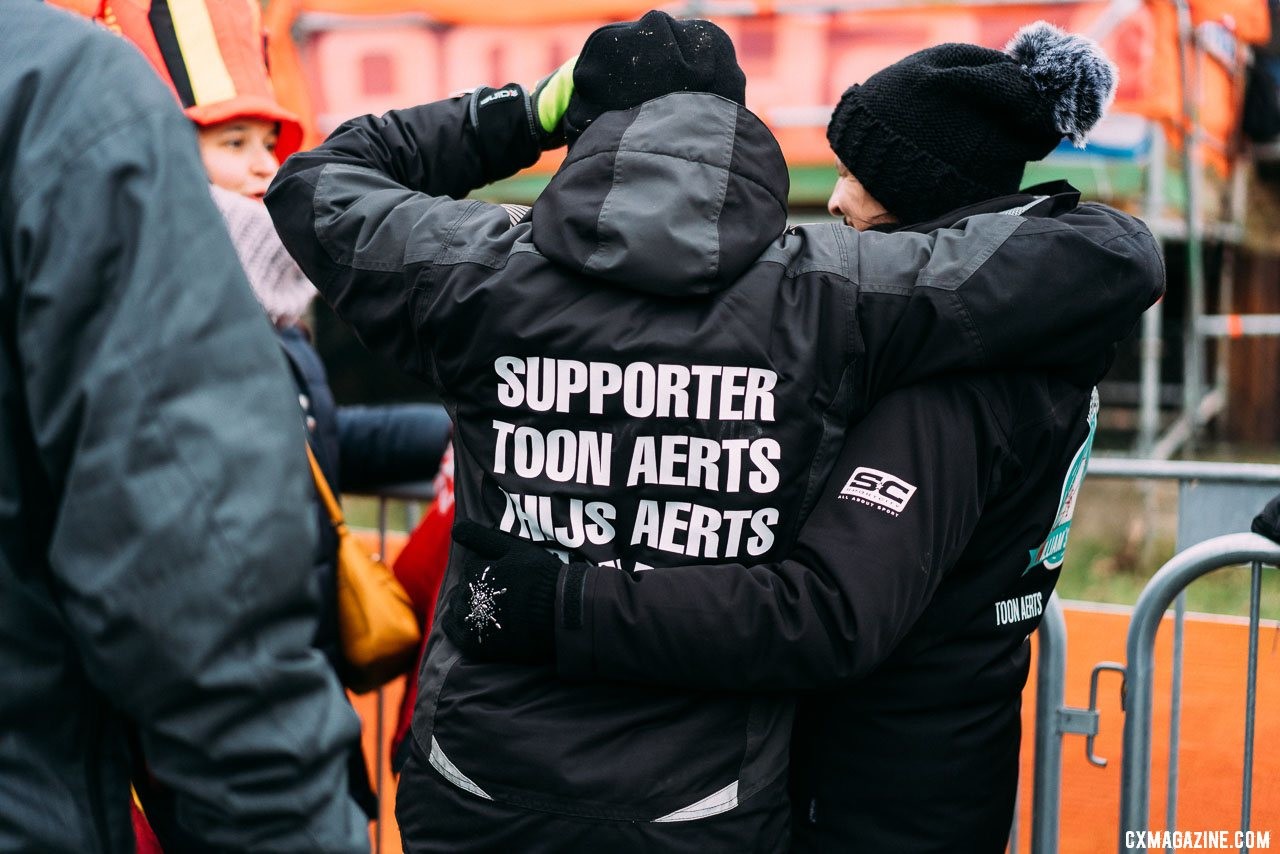 Supporter Jackets revealed the allegiances. Toon Aerts almost made these two fans' day. 2019 Cyclocross World Championships, Bogense, Denmark. © Taylor Kruse / Cyclocross Magazine