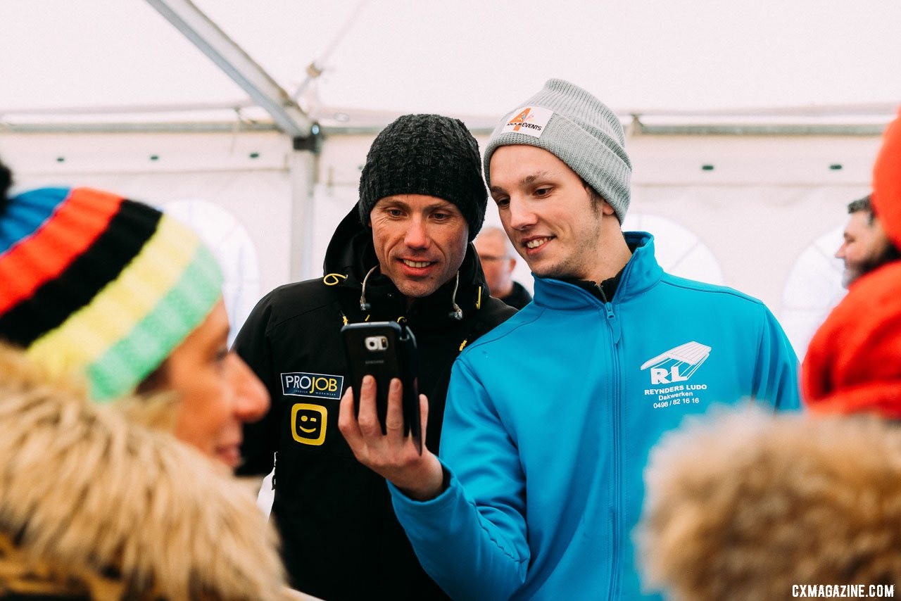 Sven Nys talks to and takes selfies with fans in one of the venue's party tents. 2019 Cyclocross World Championships, Bogense, Denmark. © Taylor Kruse / Cyclocross Magazine