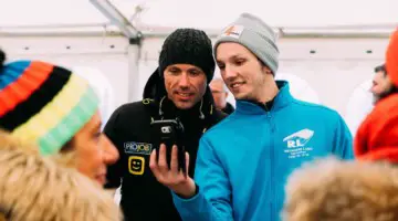 Sven Nys talks to and takes selfies with fans in one of the venue's party tents. 2019 Cyclocross World Championships, Bogense, Denmark. © Taylor Kruse / Cyclocross Magazine