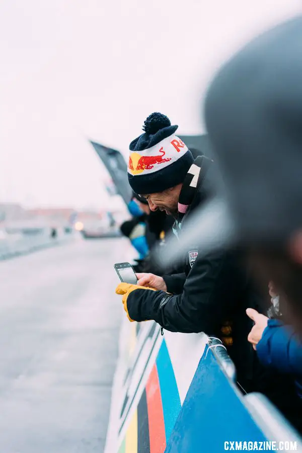 Tim Johnson remained fully connected in Bogense. 2019 Cyclocross World Championships, Bogense, Denmark. © Taylor Kruse / Cyclocross Magazine