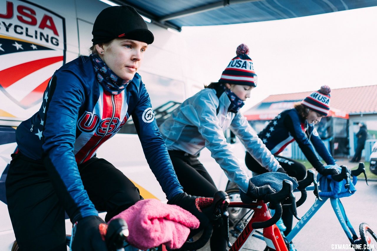 Team USA U23 women riders Clara Hosinger, Madigan Munro, and Emma Swartz warm up before the race. 2019 Cyclocross World Championships, Bogense, Denmark. © Taylor Kruse / Cyclocross Magazine
