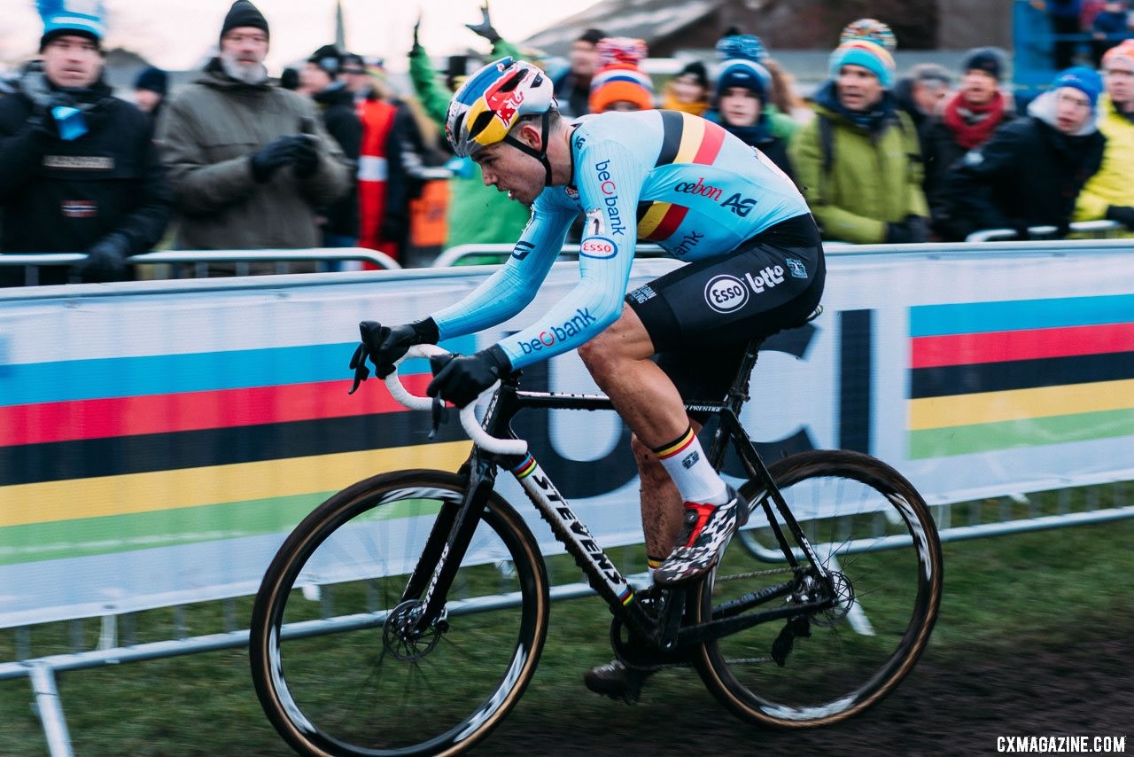Wout Van Aert swapped between a white and blue Stevens Super Prestige and this black and rainbow-striped model. 2019 Cyclocross World Championships, Bogense, Denmark. © Taylor Kruse / Cyclocross Magazine