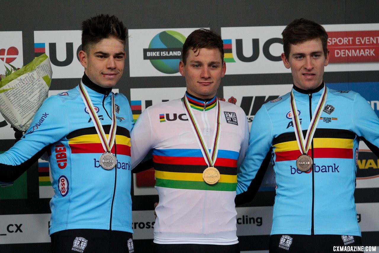 The best three of the season. LEighty-six percent of entries had this group on the podium. Thirty percent picked the correct order., 2019 Cyclocross World Championships, Bogense, Denmark. © B. Hazen / Cyclocross MagazineToon Aerts, Mathieu van der Poel, Wout van Aert. Elite Men, 2019 Cyclocross World Championships, Bogense, Denmark. © B. Hazen / Cyclocross Magazine