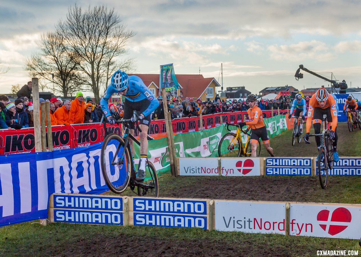 Michael Vanthourenhout leads at the barriers. Elite Men. 2019 Cyclocross World Championships, Bogense, Denmark. © K. Keeler / Cyclocross Magazine