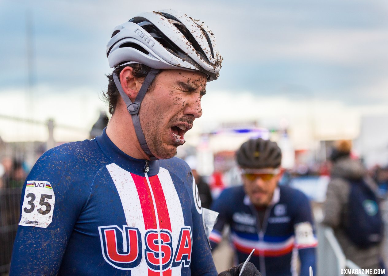 Curtis White showing the effects of his lead-lap finish in 21st. Elite Men. 2019 Cyclocross World Championships, Bogense, Denmark. © K. Keeler / Cyclocross Magazine
