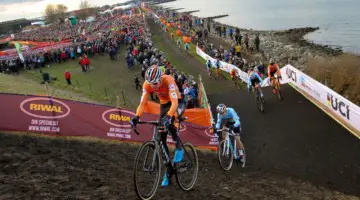 Mathieu van der Poel at the front of lap one. Elite Men, 2019 Cyclocross World Championships, Bogense, Denmark. © B. Hazen / Cyclocross Magazine