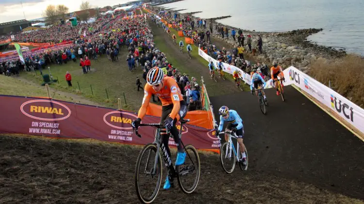 Mathieu van der Poel at the front of lap one. Elite Men, 2019 Cyclocross World Championships, Bogense, Denmark. © B. Hazen / Cyclocross Magazine