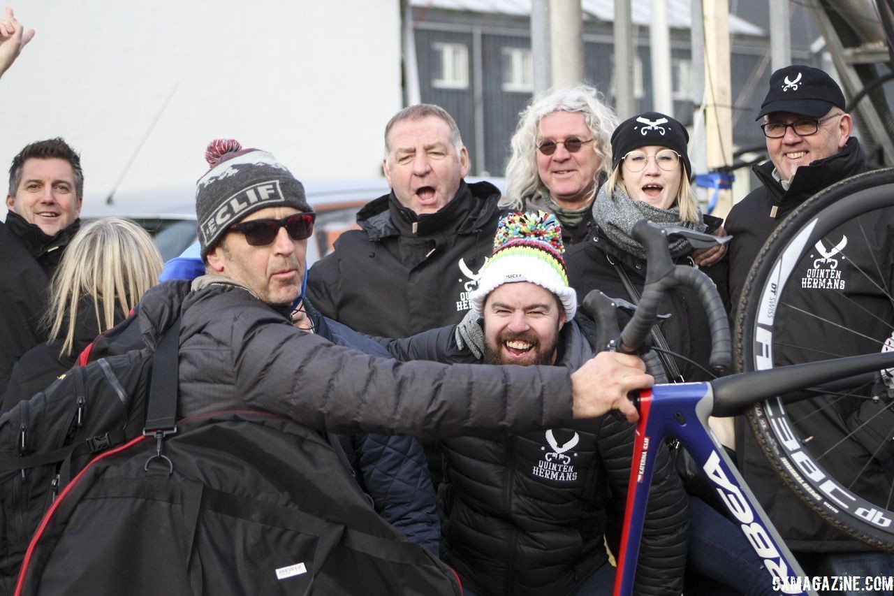 Clif team manager Waldek Stepmiowski photo bombs a Quinten Hermans supporter group photo. 2019 Bogense World Championships Course Inspection, Friday Afternoon. © Z. Schuster / Cyclocross Magazine