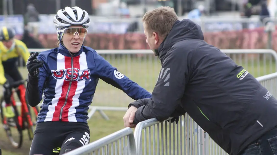 Kaitie Keough and Stu Thorne talk about the course. 2019 Bogense World Championships Course Inspection, Friday Afternoon. © Z. Schuster / Cyclocross Magazine