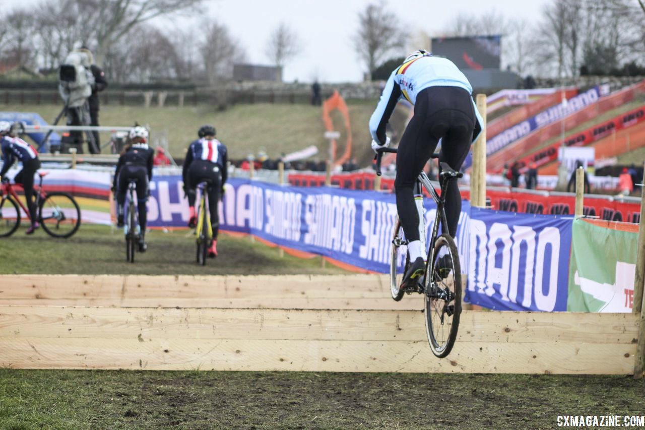 Wout van Aert hops to it during course inspection. 2019 Bogense World Championships Course Inspection, Friday Afternoon. © Z. Schuster / Cyclocross Magazine