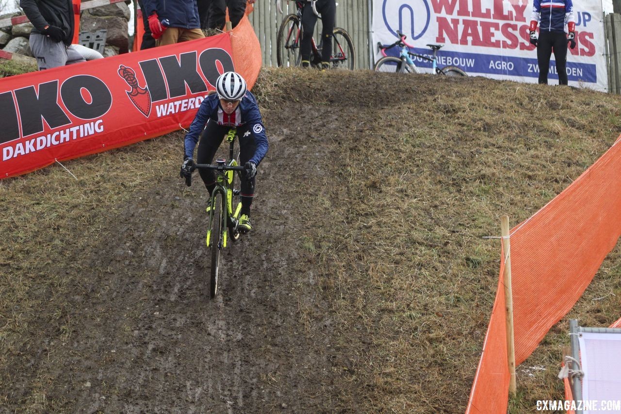 Kaitie Keough shows the line down one of the bumpy drops. 2019 Bogense World Championships Course Inspection, Friday Afternoon. © Z. Schuster / Cyclocross Magazine