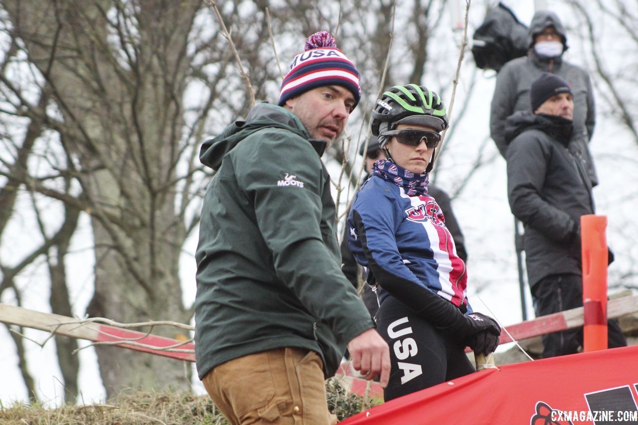 Katie Clouse looks over one of the big drops before finding the right line. 2019 Bogense World Championships Course Inspection, Friday Afternoon. © Z. Schuster / Cyclocross Magazine