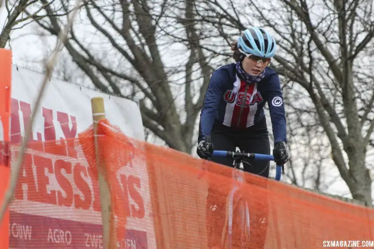 Emma Swartz eyes up the drop in front of her. 2019 Bogense World Championships Course Inspection, Friday Afternoon. © Z. Schuster / Cyclocross Magazine