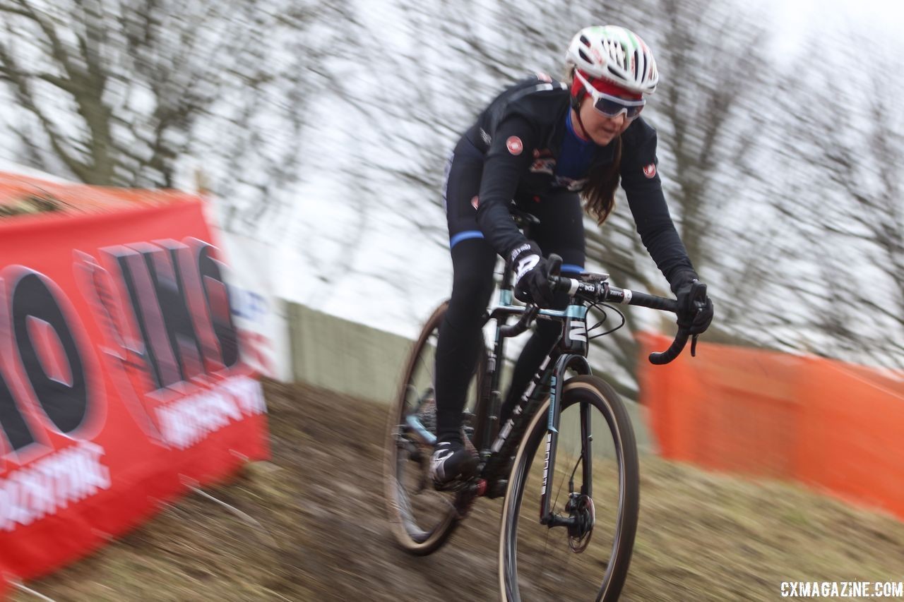 Eva Lechner streaks down one of the steep descents. 2019 Bogense World Championships Course Inspection, Friday Afternoon. © Z. Schuster / Cyclocross Magazine
