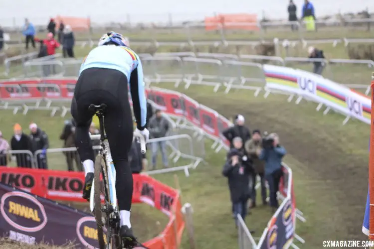 Wout van Aert gets ready for one of the drops as cameras look on. 2019 Bogense World Championships Course Inspection, Friday Afternoon. © Z. Schuster / Cyclocross Magazine