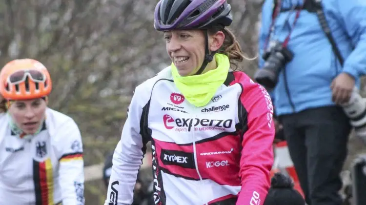 Helen Wyman takes a second to check out one of the steep ups. 2019 Bogense World Championships Course Inspection, Friday Afternoon. © Z. Schuster / Cyclocross Magazine