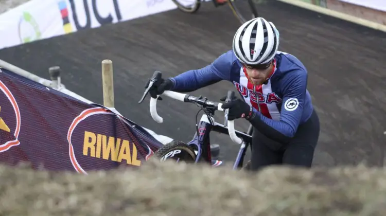 Stephen Hyde hikes up one of the steep inclines. 2019 Bogense World Championships Course Inspection, Friday Afternoon. © Z. Schuster / Cyclocross Magazine