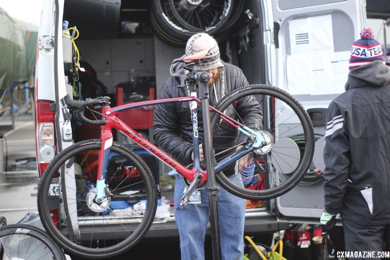 McGovern recommends finding a mechanic who understands cyclocross and building a relationship with them. 2019 Bogense World Championships Course Inspection, Friday Afternoon. © Z. Schuster / Cyclocross Magazine