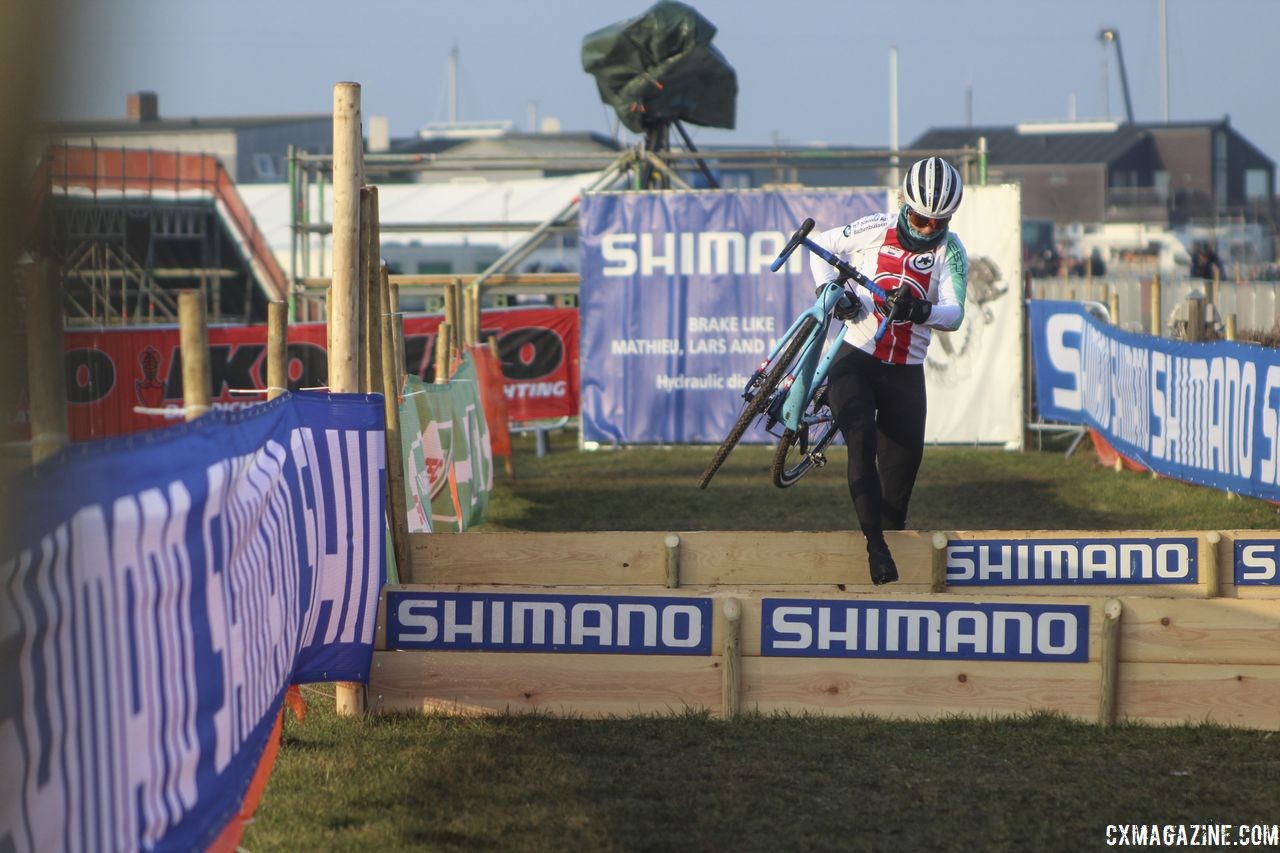 With the high-ish barriers, Jolanda Neff opted to run them. At least during course inspection. 2019 Bogense World Championships Course Inspection, Friday Morning. © Z. Schuster / Cyclocross Magazine