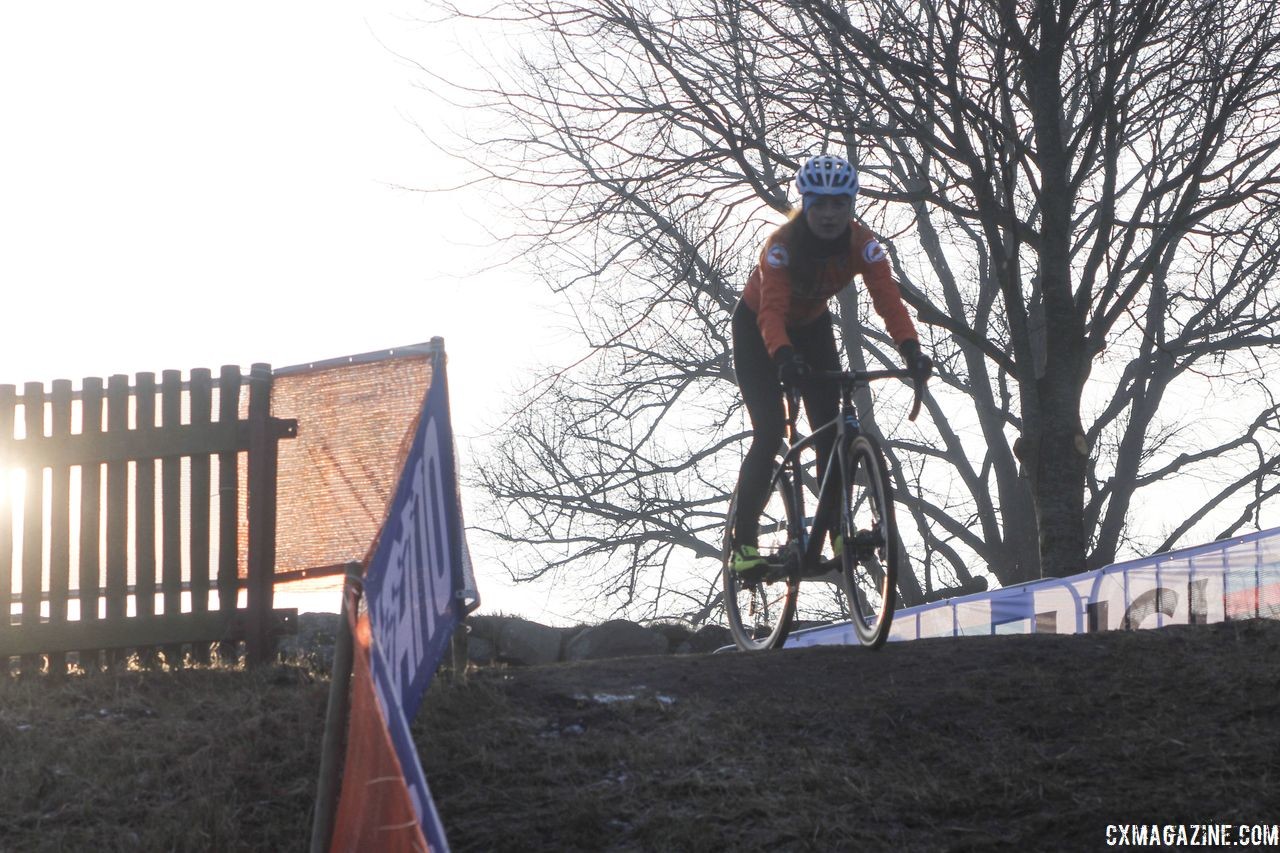 A silhoutted Denise Betsema gets set for a descent. 2019 Bogense World Championships Course Inspection, Friday Morning. © Z. Schuster / Cyclocross Magazine