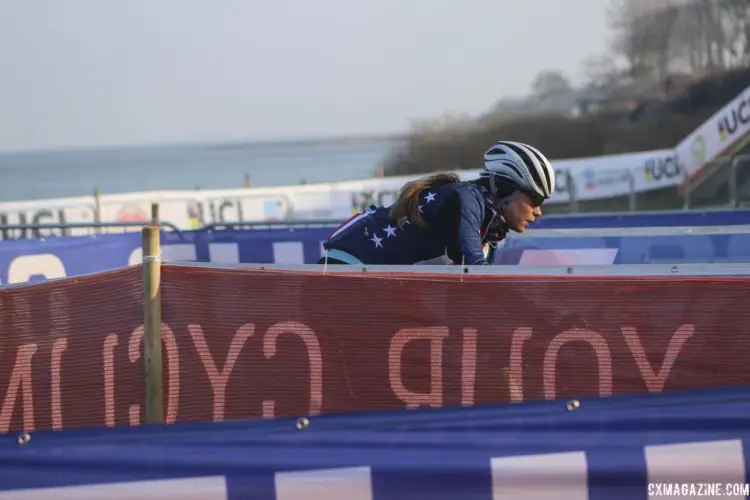 Rebecca Fahringer makes her way through the first down-up-down. 2019 Bogense World Championships Course Inspection, Friday Morning. © Z. Schuster / Cyclocross Magazine