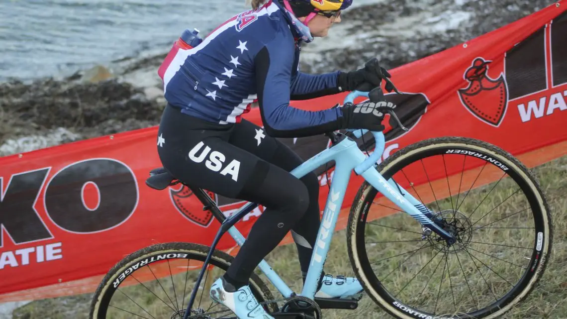 Ellen Noble works on powering up the first climb on the far side of the course. 2019 Bogense World Championships Course Inspection, Friday Morning. © Z. Schuster / Cyclocross Magazine