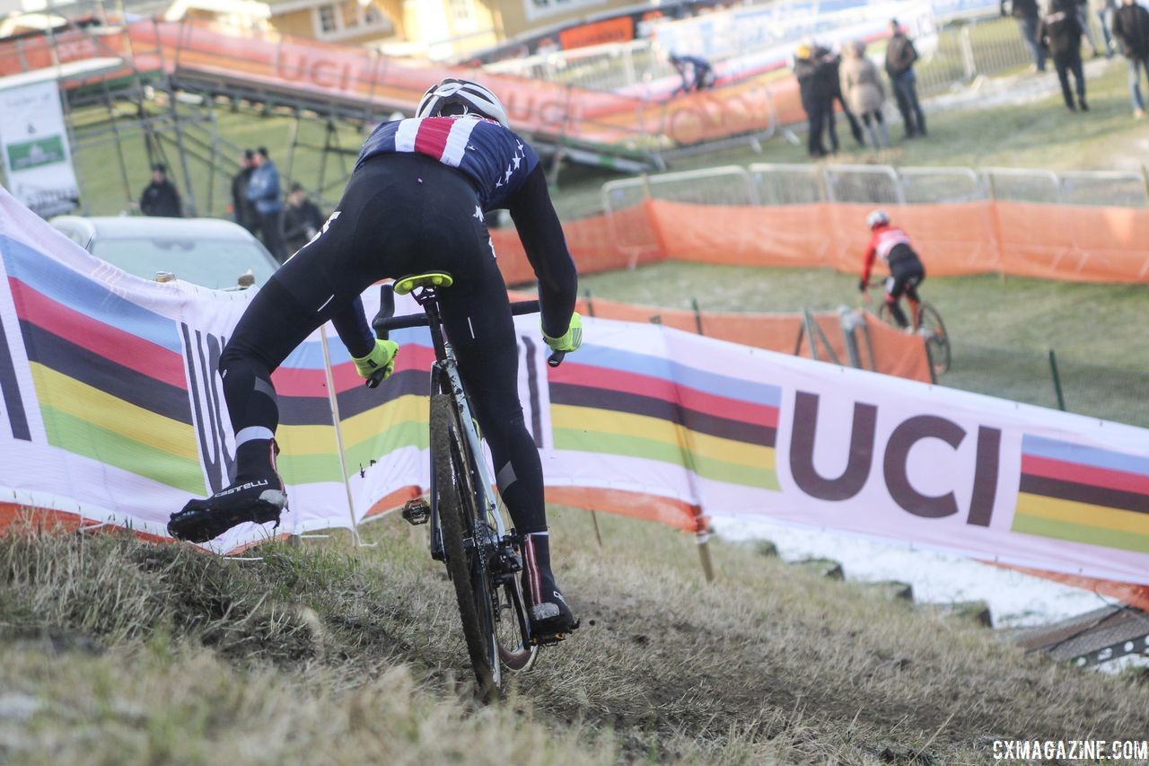 The off-camber descent is a tricky feature riders were trying to dial in. 2019 Bogense World Championships Course Inspection, Friday Morning. © Z. Schuster / Cyclocross Magazine