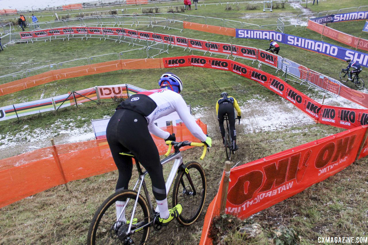 The drops are quite steep. 2019 Bogense World Championships Course Preview. © Z. Schuster / Cyclocross Magazine