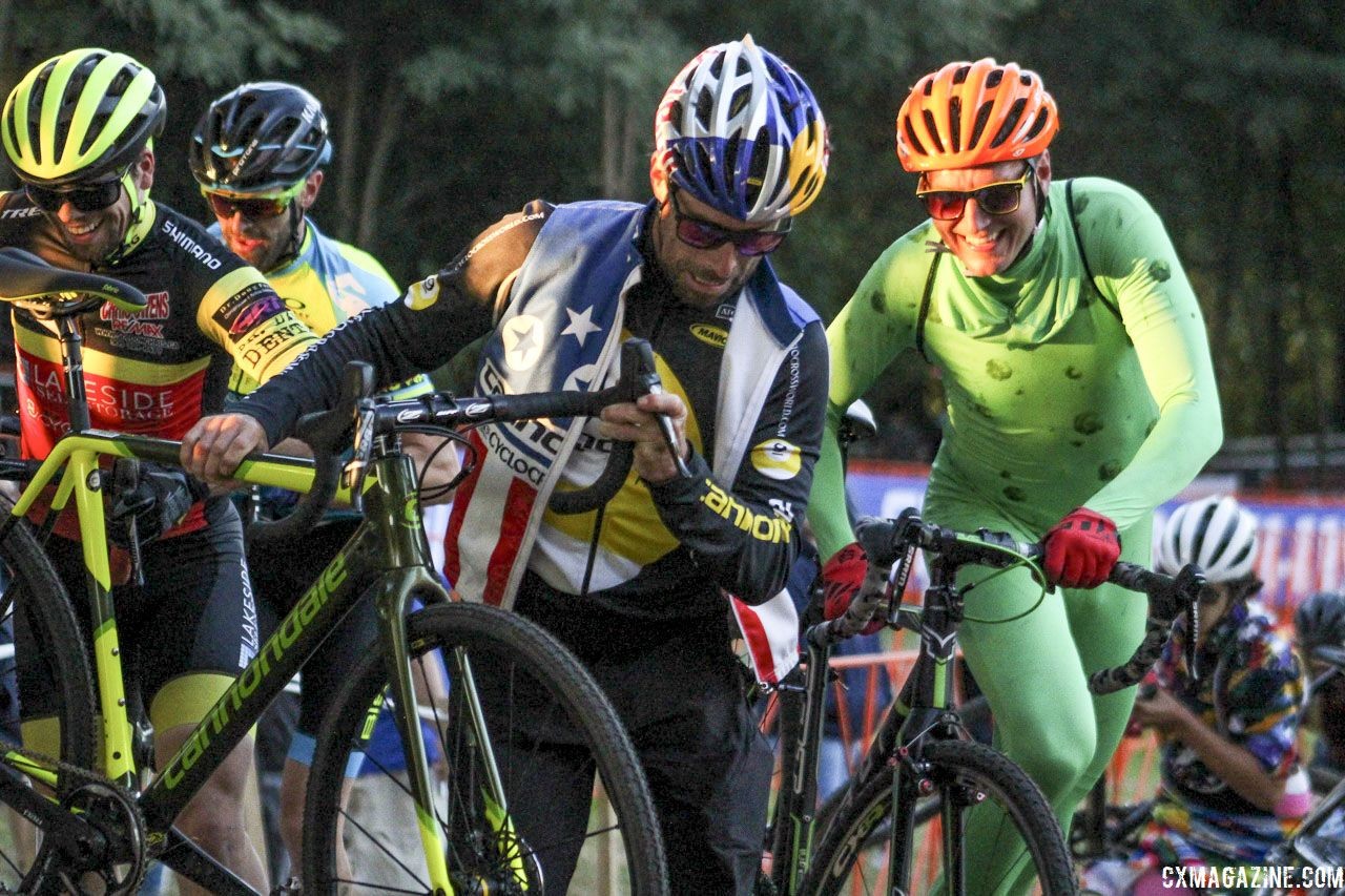 Tim Johnson got argy-bargy with a pickle in the Legends race in 2018. © Z. Schuster / Cyclocross Magazine