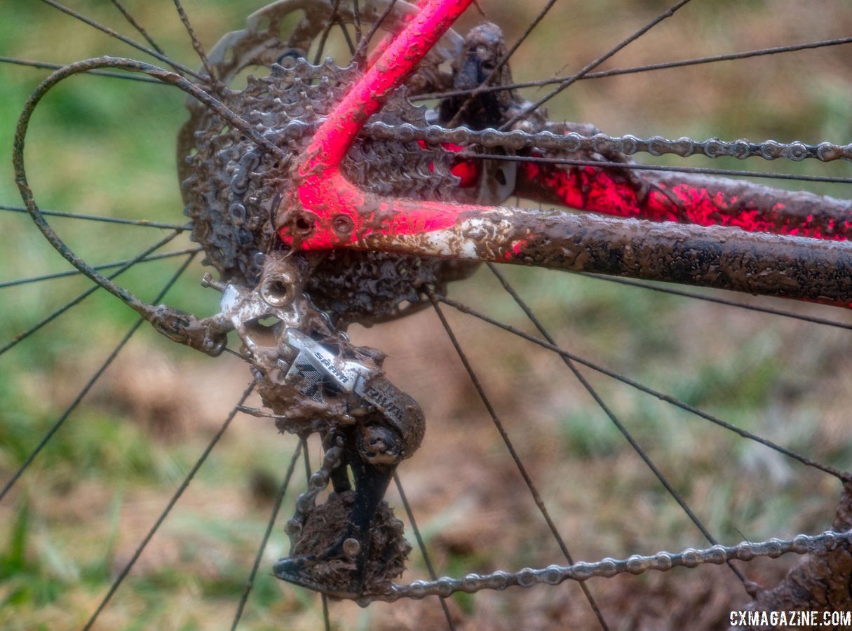 SRAM Rival 1 derailleurs use the same clutch system found in pro level Force 1 derailleurs to provide better chain retention. Eire Chen's Specialized Crux. Junior Women 11-12. 2018 Cyclocross National Championships, Louisville, KY. © A. Yee / Cyclocross Magazine