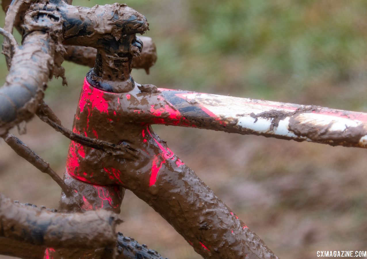 Barely visible below the mud, the Crux uses replaceable port covers to accommodate various cable needs. Eire Chen's Specialized Crux. Junior Women 11-12. 2018 Cyclocross National Championships, Louisville, KY. © A. Yee / Cyclocross Magazine
