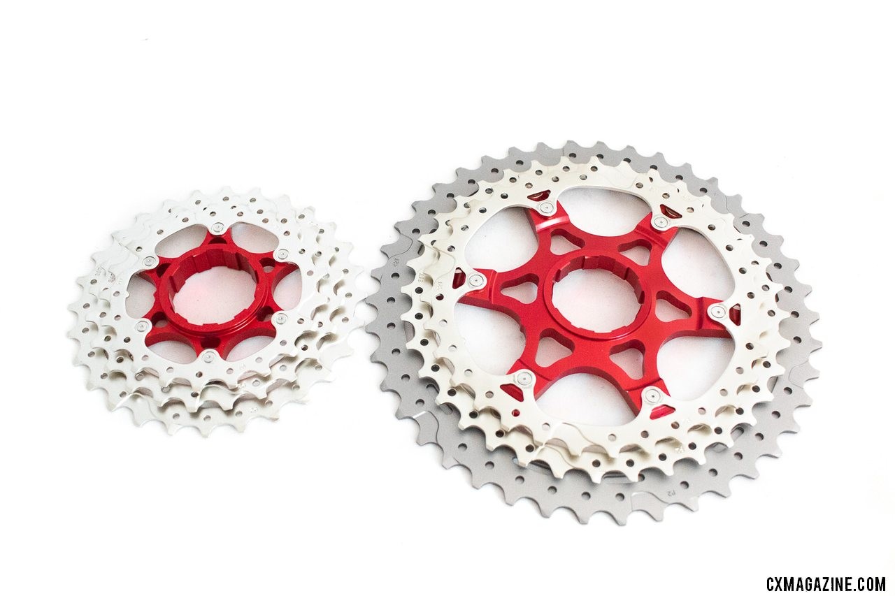 The SunRace CSMX8 11-speed 11-42 cassette relies on two alloy spiders that carry 6 of the 11 cogs. © A. Yee / Cyclocross Magazine