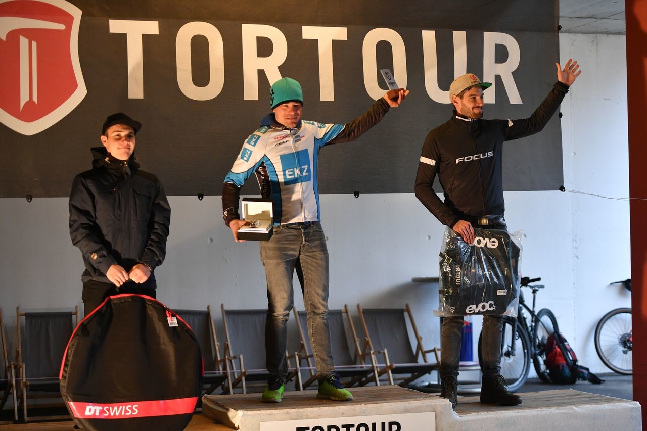 Men's podium. 2019 Tortour Winter Gravel Stage Race, Switzerland. © alphafoto.com