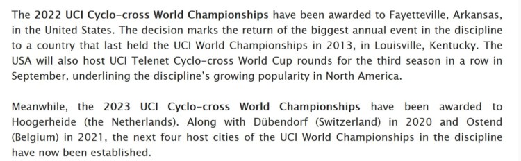 UCI 2022 Worlds coming to Feyetteville Arkansas