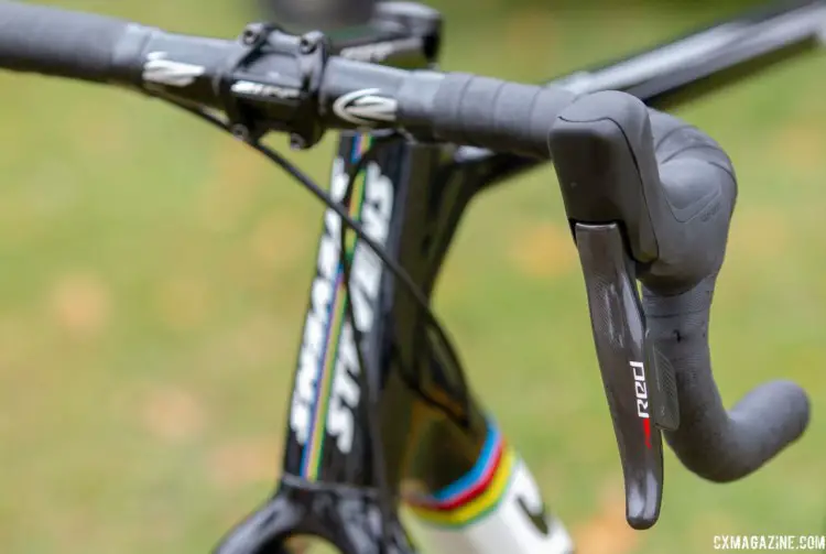 At Gavere, Van Aert was running the SRAM RED eTAP 11-speed groupset and shifters. Wout van Aert's Stevens Super Prestige cyclocross bike. © A. Yee / Cyclocross Magazine