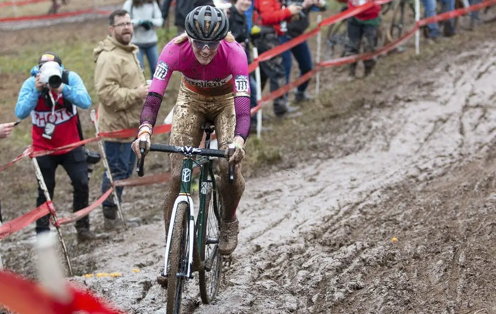 The descent from pit 1 became more slick as racing continued. Singlespeed Women. 2018 Cyclocross National Championships, Louisville, KY. © A. Yee / Cyclocross Magazine