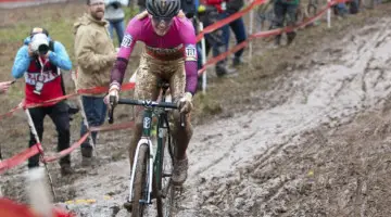 The descent from pit 1 became more slick as racing continued. Singlespeed Women. 2018 Cyclocross National Championships, Louisville, KY. © A. Yee / Cyclocross Magazine