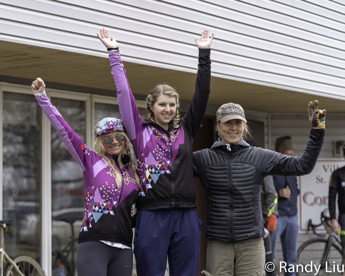 Women's Chum Bucket podium: Taylor Allen, Peggy Cook and Kimberly Savage. 2019 Baitin' the Shark Gravel Race, Ohio. © Randy Liu
