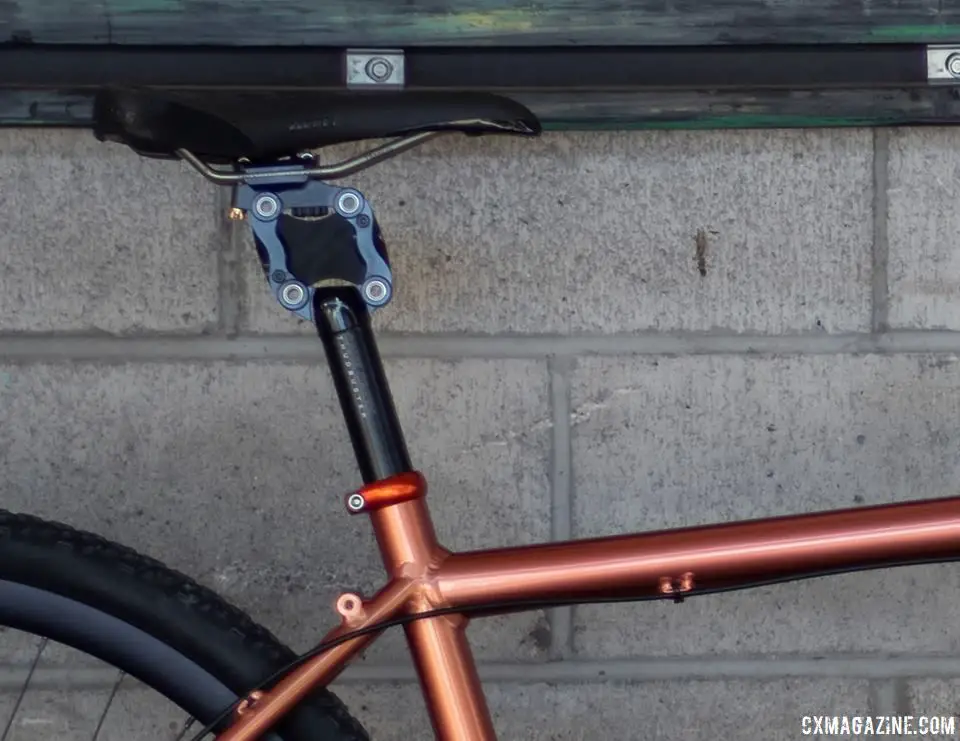 A Cane Creek Thudbuster ST suspension seat post in the rear hints at the bike's gravel orientation. Rock Lobster's gravel tandem. 2019 NAHBS Sacramento. © A. Yee / Cyclocross Magazine