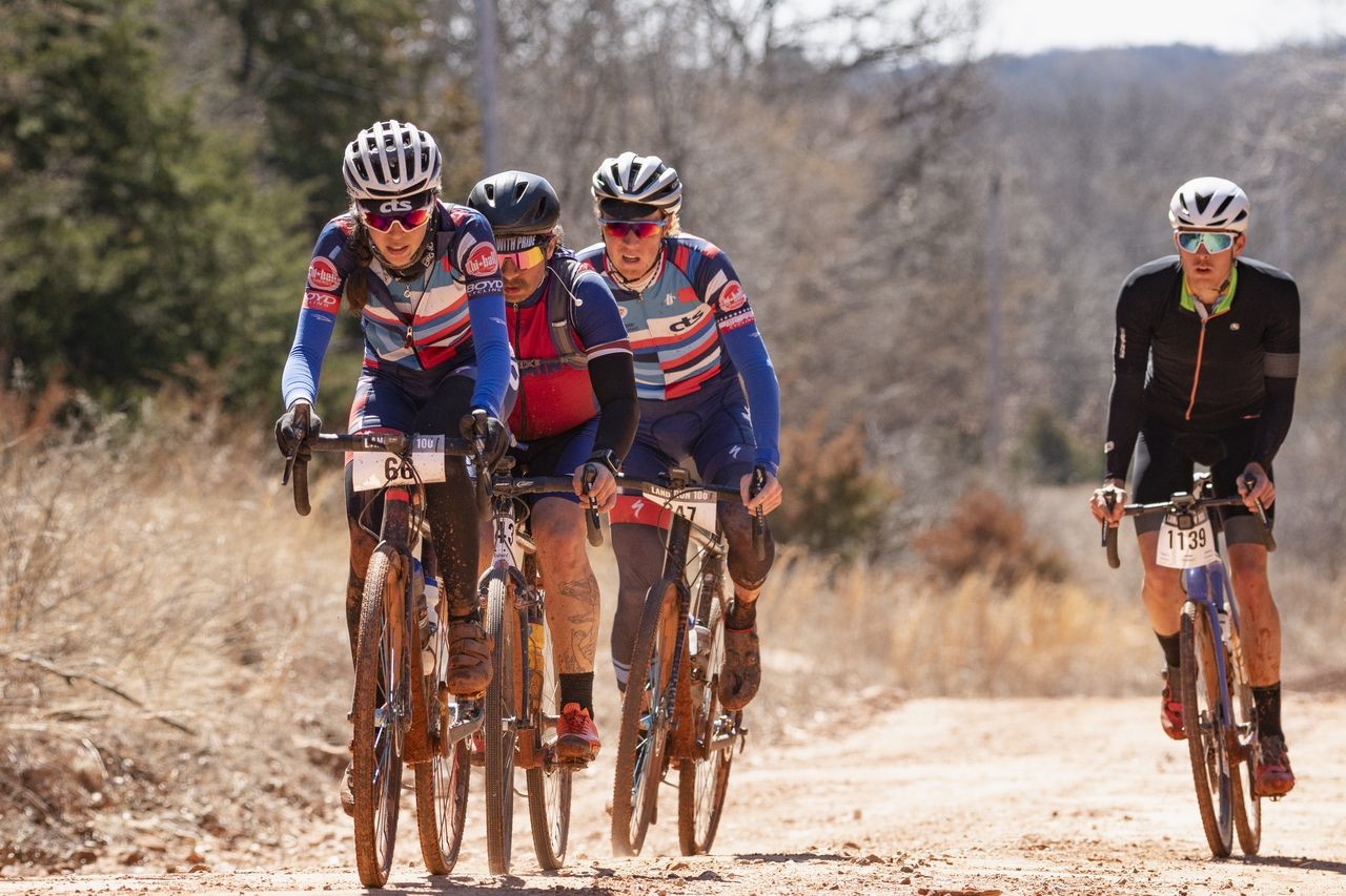 Nina Laughlin leads the way in her small group. 2019 Land Run 100. photo: Dustin Michelson / Gravel Guru