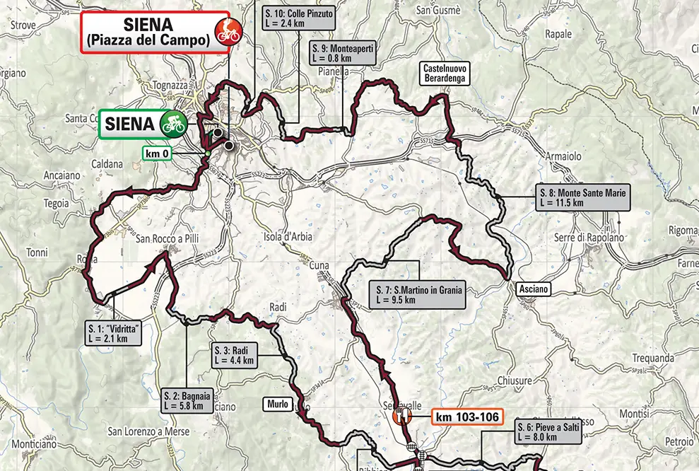 The Strade Bianche route loops south from Siena through the hills of Tuscany.