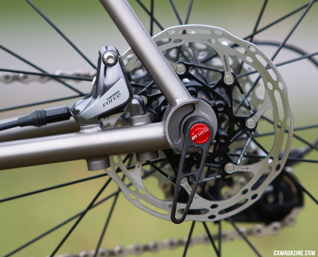 Flat mount SRAM Force HRD disc brakes are tucked in neatly between the chainstay and seatstay. Dean Bikes Team Edition titanium cyclocross. © A. Yee / Cyclocross Magazine